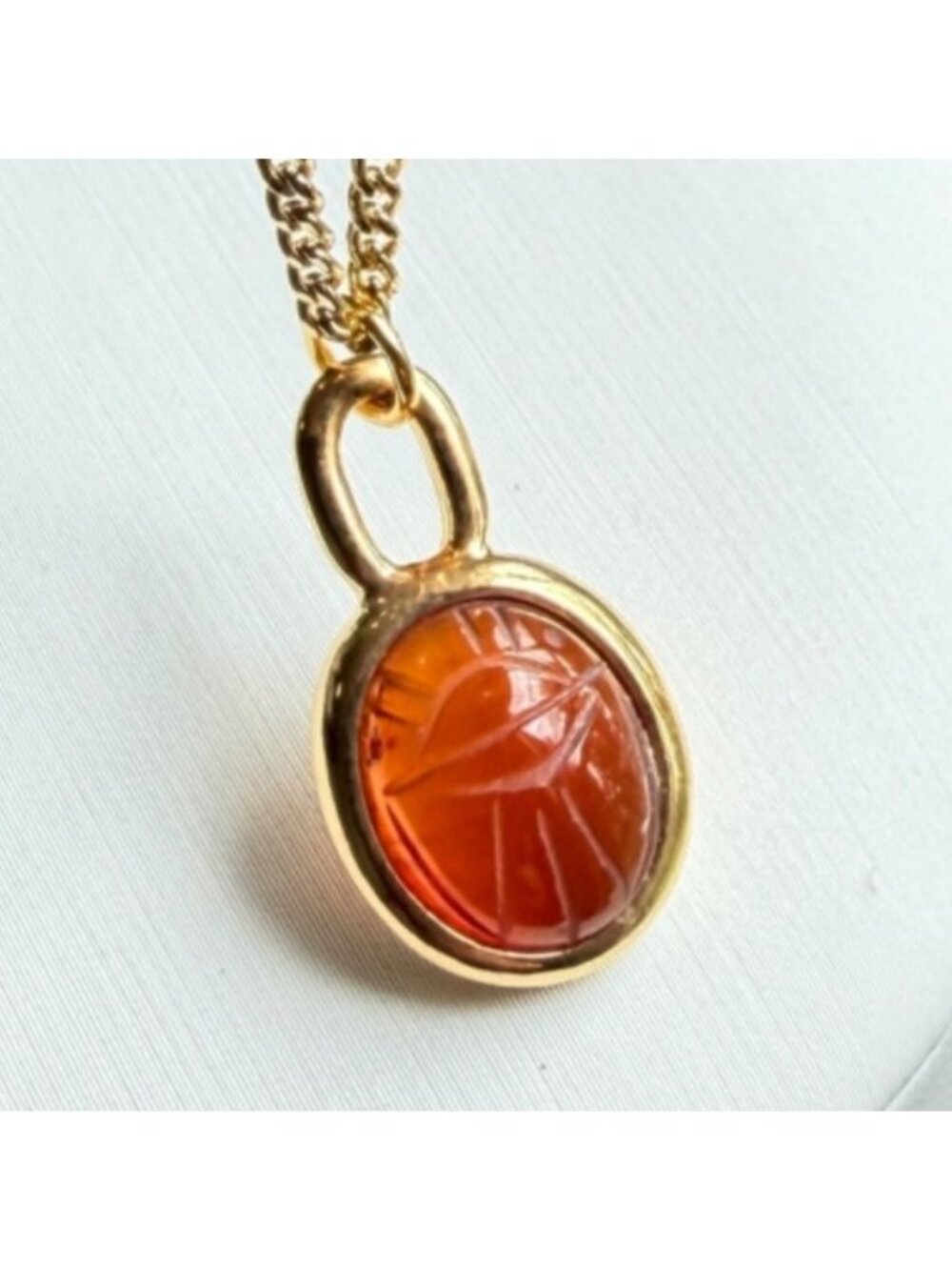 Vintage Amber Gold Scarab Necklace Genuine Stone Pendant 1970s - Picture 5 of 9